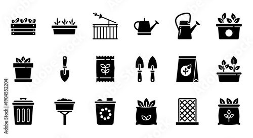 Collection of black gardening icons on white background illustrating various gardening tools and activities