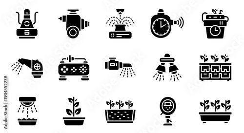 Collection of black icons depicting various gardening tools and irrigation systems in a grid layout