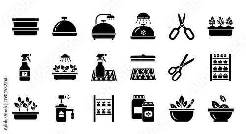 Collection of black icons representing various gardening tools and activities on a plain white background viewed from directly above