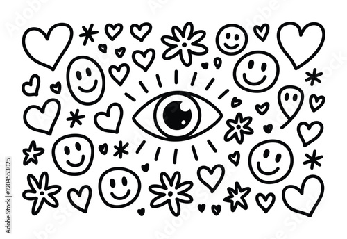 Whimsical vector illustration filled with smiley faces hearts and flowers