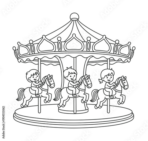 Vector illustration of children happily riding a carousel with horses