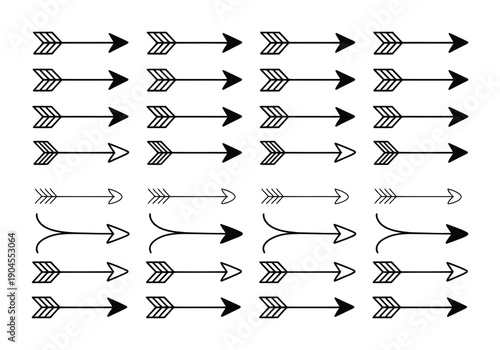 Variety of black vector arrows arranged in neat rows and columns