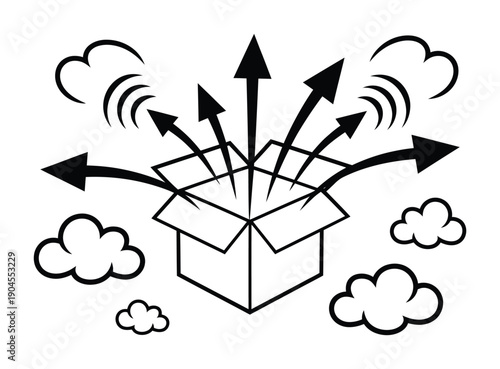 Vector illustration of arrows bursting out of an open box surrounded by clouds