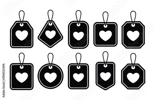 Vector black and white tags featuring heart shapes in various designs