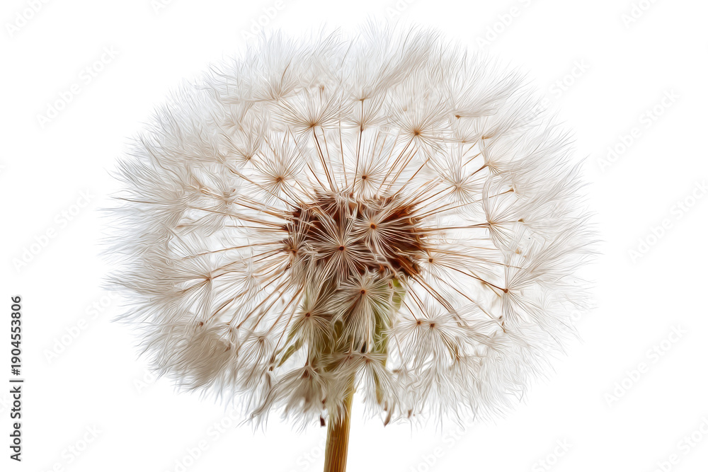 Fototapeta premium Close up of a fluffy dandelion seed head isolated on transparent background. Detailed macro shot of a dandelion seed head isolated on white background.