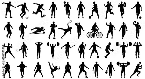 Collection of people engaging in various sports and fitness activities, vector silhouettes from multiple viewpoints