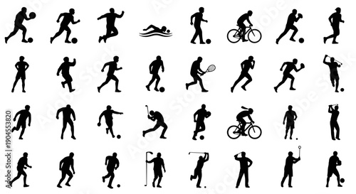 Collection of people engaging in various sports and activities depicted in vector silhouettes from different viewpoints