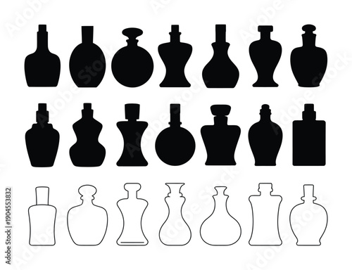 Vector illustration features a variety of perfume bottle silhouettes in three distinct rows.