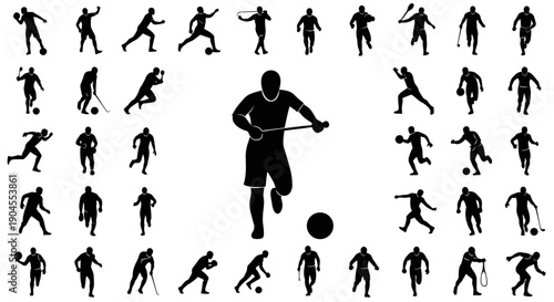 Vector illustration of various people playing soccer in different poses and actions on a field from multiple viewpoints around a central player