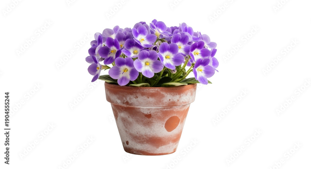 Naklejka premium A vibrant potted African violet plant showcases numerous small purple and white blossoms with lush green leaves in a rustic terracotta pot. isolated PNG with Transparent Background