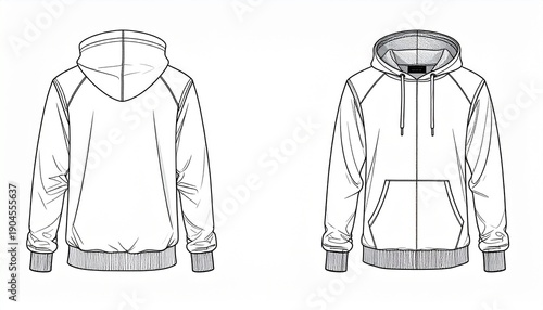 Flat sketch of a hooded sweatshirt design, showing front and back views