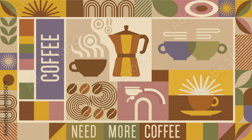 Coffee Collage: A visually rich collage that combines various coffee elements, including a steaming cup, a moka pot, coffee beans, and the tagline Need More Coffee.