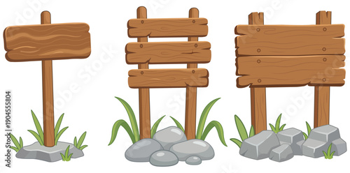 Wooden Signpost Trio: A collection of three rustic wooden signposts stands ready, their natural wood textures and minimalist designs perfect for conveying directions and messages.