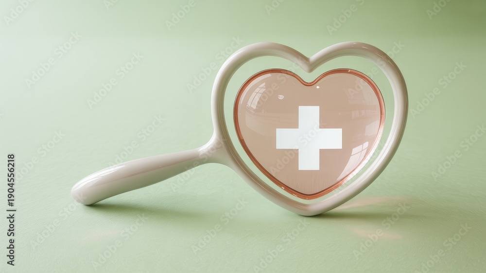 Fototapeta premium Heart shaped medical symbol on magnifying glass for healthcare concepts