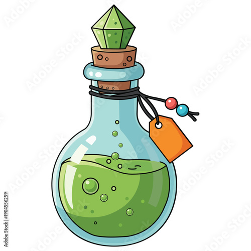 Mystic Potion in a Vial: A captivating illustration of a mystical potion in a uniquely shaped vial, complete with a crystal stopper and a decorative tag, hinting at enchantment and alchemy.