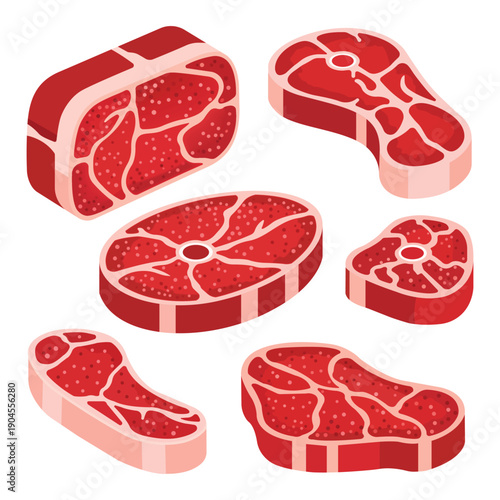 Appetizing Meat Cuts: An artistic illustration displaying a variety of fresh, uncooked meat cuts, perfect for culinary projects or visual content needs.