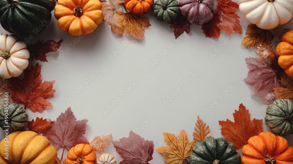 Fototapeta premium October harvest display with pumpkins and autumn leaves on a light background for seasonal decoration