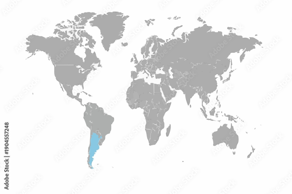 Obraz premium Full 2D World Map Vector with Argentina Highlighted in Light Blue - Professional South America Geography