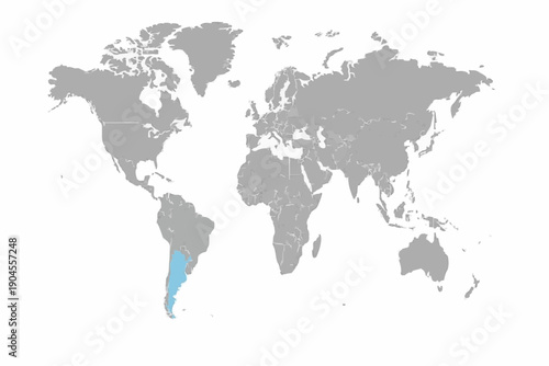Full 2D World Map Vector with Argentina Highlighted in Light Blue - Professional South America Geography