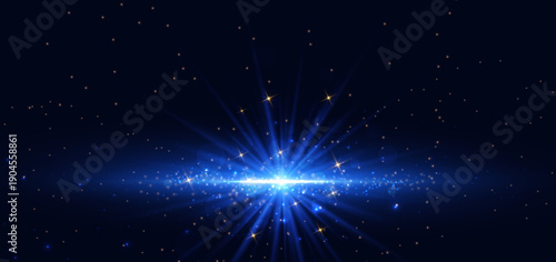 Beam blue glowing on dark blue background with glod lighting effec. Award celebration concept.