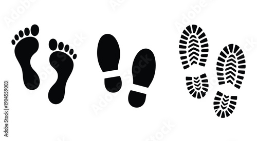 Shoe and Bare Foot Print Set, Vector Collection Featuring Footsteps and Shoe Sole Imprints, Human Footprints for Tracking, Walking Paths, and Creative Design Projects.