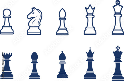 Dark blue chess pieces outline on white background