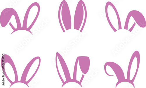 Six purple bunny ear headbands on white background