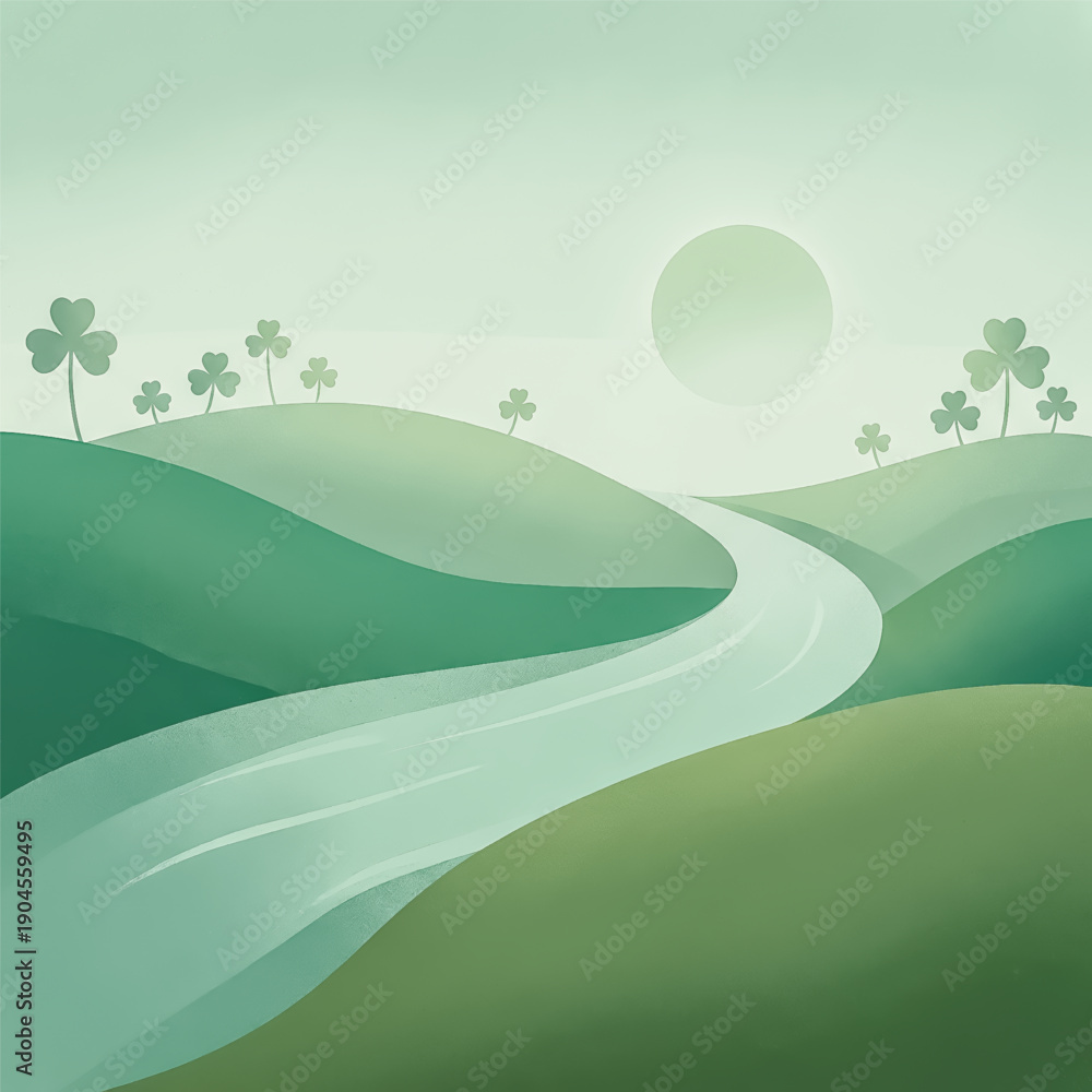 Obraz premium green landscape of rolling hills with a winding road and shamrocks under a pale sun. Modern St. Patrick's Day concept.Minimalist St. Patrick's Day landscape with shamrocks. Vector illustration
