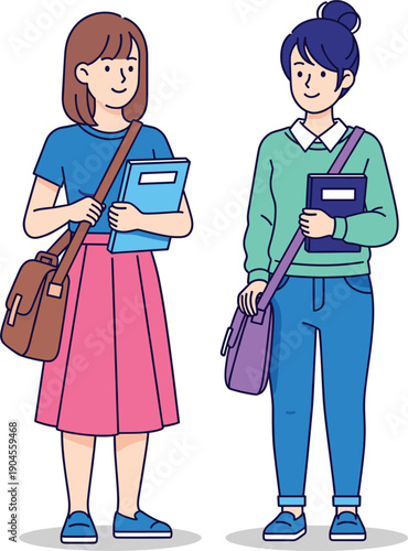 Two young female university students standing together with notebooks and shoulder bags in flat vector illustration style.