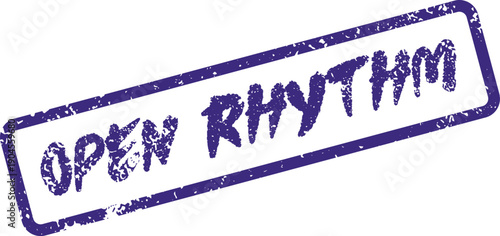 Open Rhythm purple grunge rubber stamp representing creative flow and unrestricted musical expression