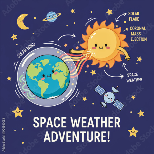 A cute and simple infographic explaining space weather concepts like solar flares and coronal mass ejections for children's science education.. Vector illustration