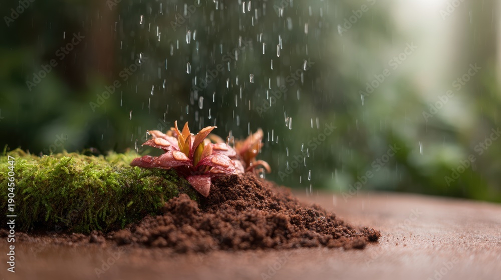 Obraz premium A vibrant scene of a sprouting plant with colorful leaves, surrounded by rich soil, as raindrops fall gracefully, symbolizing new beginnings and growth in nature.