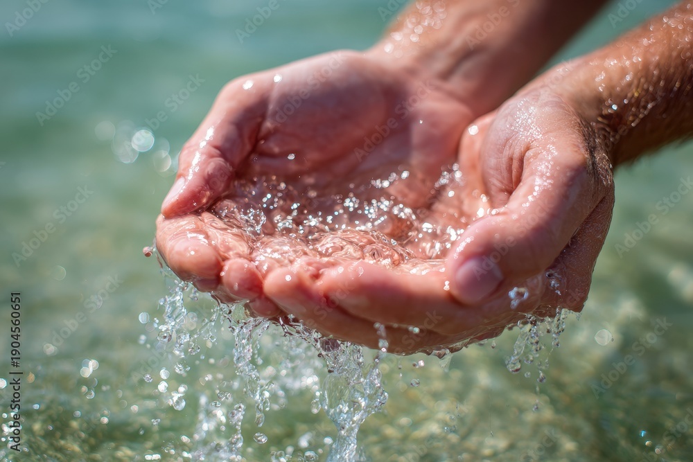 Fototapeta premium Hands hold water with droplets falling into the clear sea on a sunny day at the beach