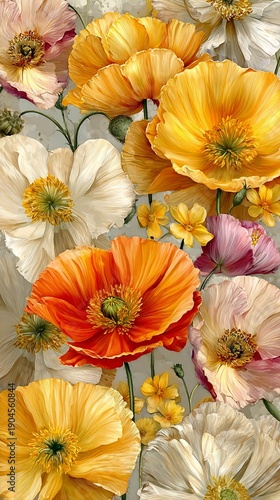 Vibrant poppy flowers in golden yellow, soft white, and bright orange bloom together, creating a lush botanical composition with delicate petals and green centers against a neutral background.