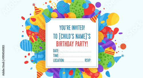 Colorful Birthday Party Invitation with Balloons and Gifts