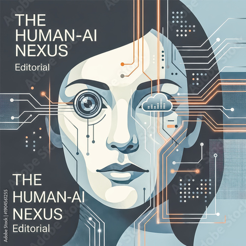 Editorial illustration of the connection between humans and AI, showing a woman's face with a bionic eye, cloud icon, and glowing circuit patterns.. Vector illustration