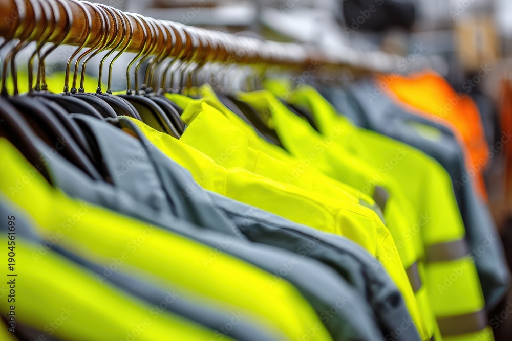 Fototapeta premium Bright safety jackets hang on a rack in a store displaying work gear for construction and outdoor work