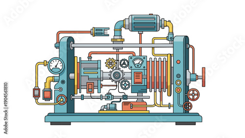 Intricate complex machinery with pipes, gears, and gauges in a detailed steampunk or futuristic science fiction style.
