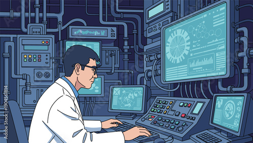 Scientist working in a high tech laboratory control room with multiple monitors and complex machinery in pixel art.