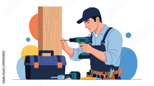 Professional carpenter or handyman using a power drill to work on a piece of wood near a blue tool box in vector.