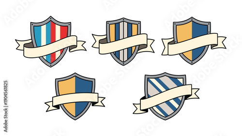 Set of heraldic shields with blank ribbon banners for custom text in various colorful medieval designs and patterns.
