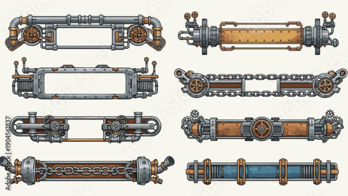 Collection of steampunk style horizontal borders and frames featuring metal pipes, gears, chains, and industrial parts.