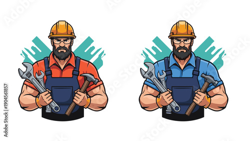 Strong construction worker or handyman holding a wrench and a hammer wearing a yellow hard hat and protective gear.