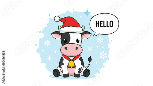 Cute cartoon cow wearing a red Santa hat and a bell around its neck saying hello against a snowy blue background.