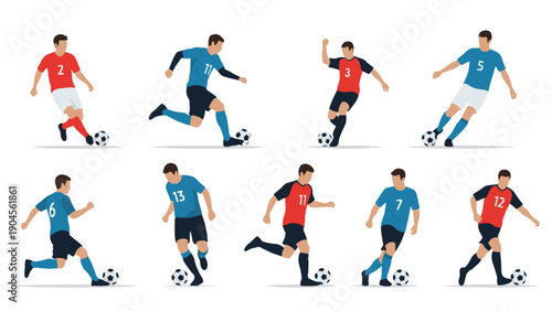 Collection of male soccer players in various action poses like kicking, running, and dribbling with a football.