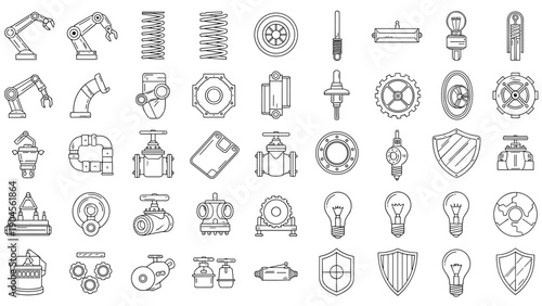 Extensive collection of industrial line icons featuring robotic arms, gears, pipes, valves, tools, and light bulbs.