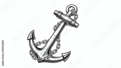 Nautical anchor wrapped in a heavy metal chain in detailed black and white hand drawn vintage naval sketch style.