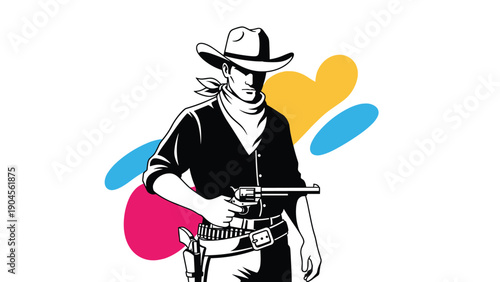Cowboy character silhouette holding a revolver against a background of colorful abstract shapes in high contrast.
