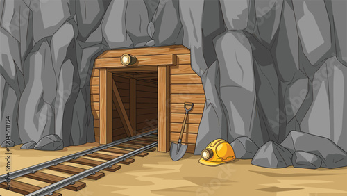 Entrance to an underground mine shaft with wooden supports, railway tracks, a shovel, and a miner safety helmet.