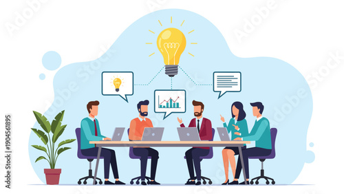 Business team having a creative brainstorming meeting at a table with a large glowing light bulb as a symbol of idea.